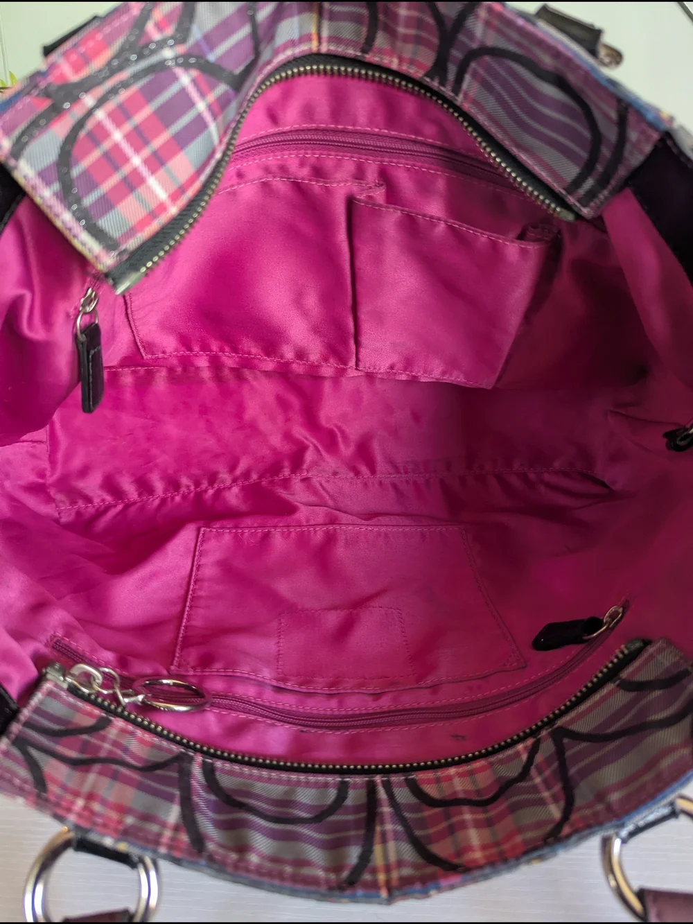 Coach Pink and Purple Plaid Signature Tote